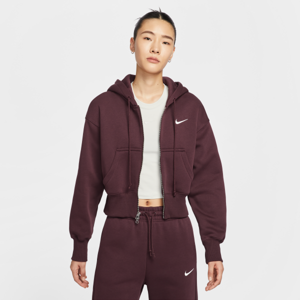 Nike NSW PHNX FLC CROP FZ HDY Jacket Women's Burgundy - View 1
