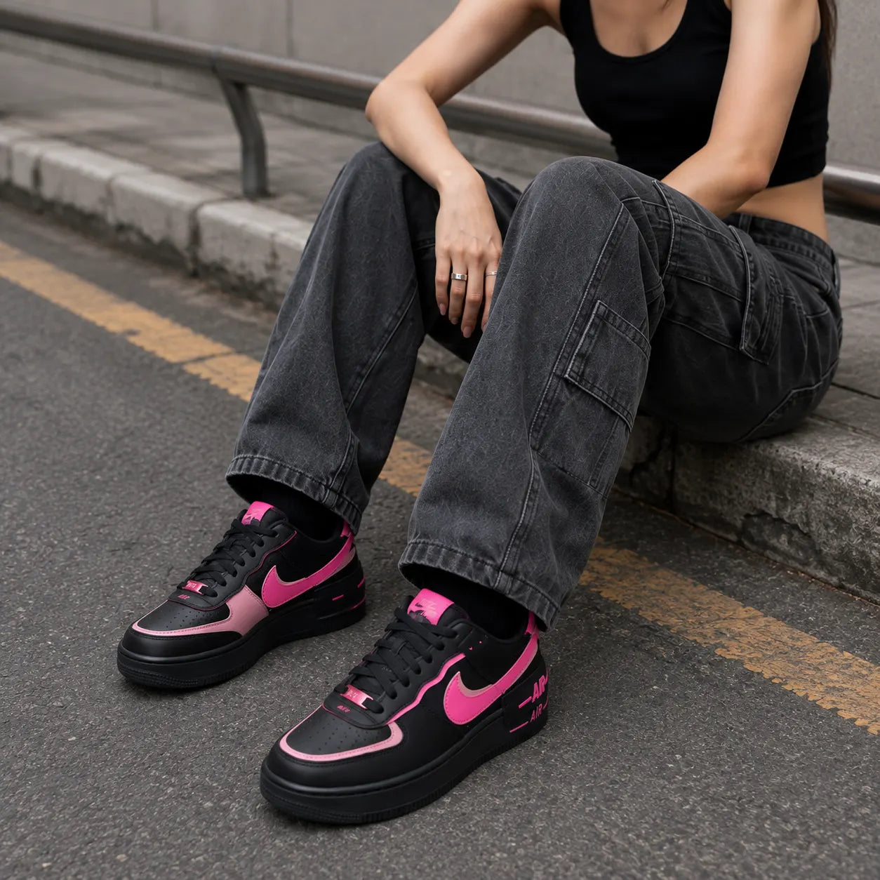 Nike AF1 Shadow Synthetic Leather, Split Cow Leather Skateboard Shoes Black Pink — Rescued #1